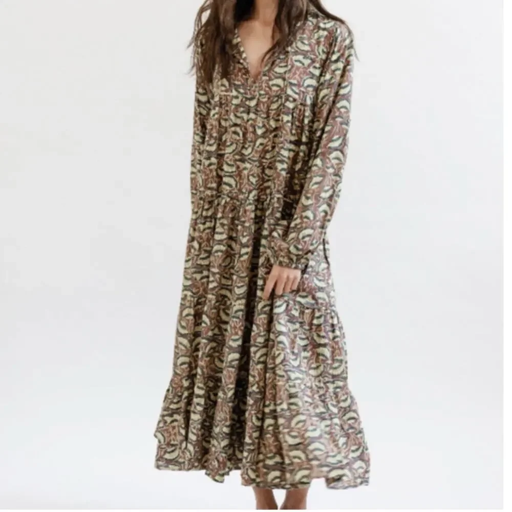 Maleu Washed Cotton Block Print Burgundy Floral Tiered Maxi Dress S - Picture 1 of 8